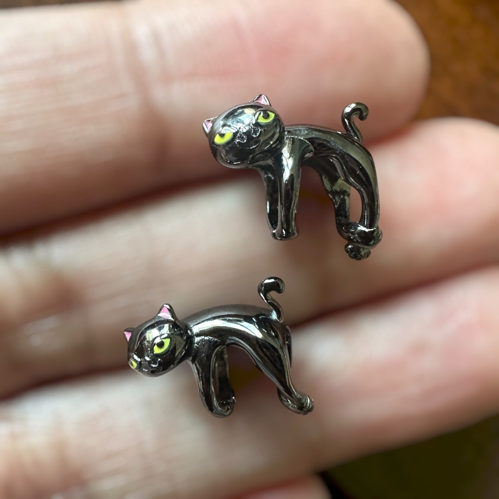 Cat Kitten 2 Slide Bead Charms 0.5 Inch 925 Sterling Yellow Enamel Eyes New 3.5g